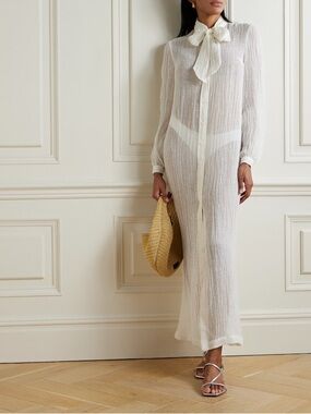 Lisa Marie Fernandez Sheer White Button-Down Midi Dress with Bow